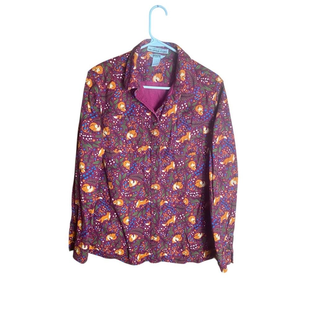 Duluth Trading Fox Print Flannel Shirt Wm’s L Cottagecore Cozy